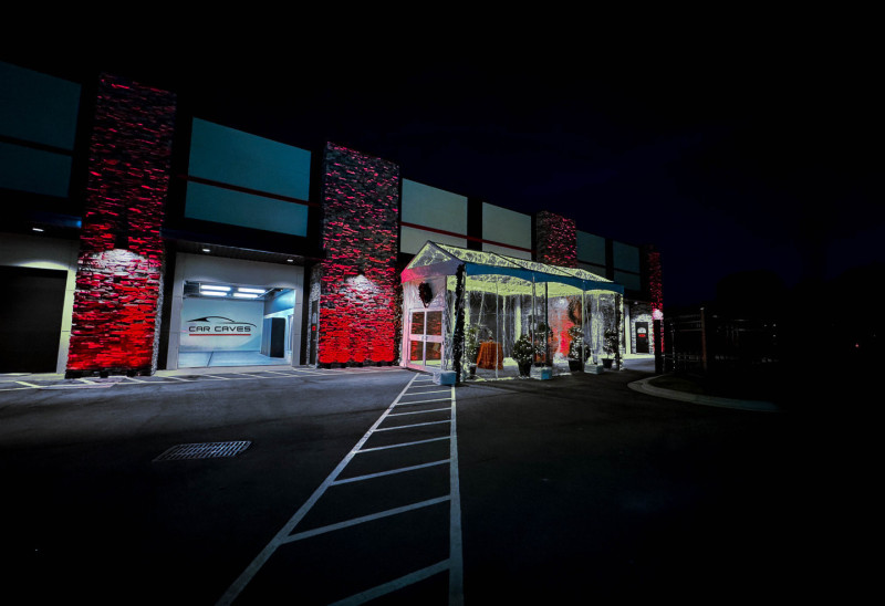 Uplighting a building at Elon University