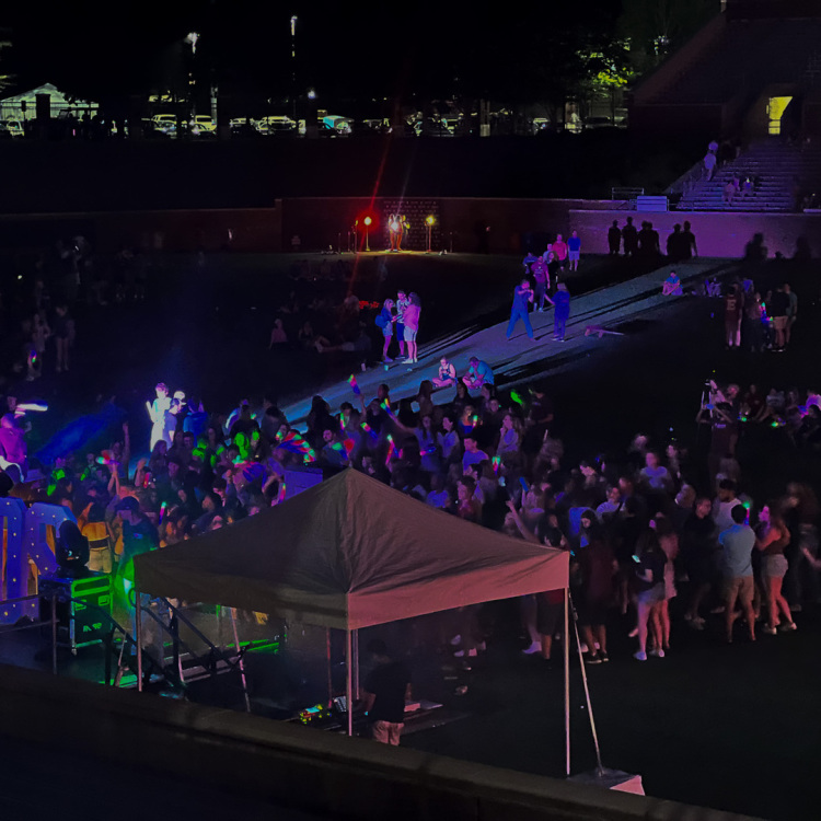 Moving lights for a concert at a football stadium